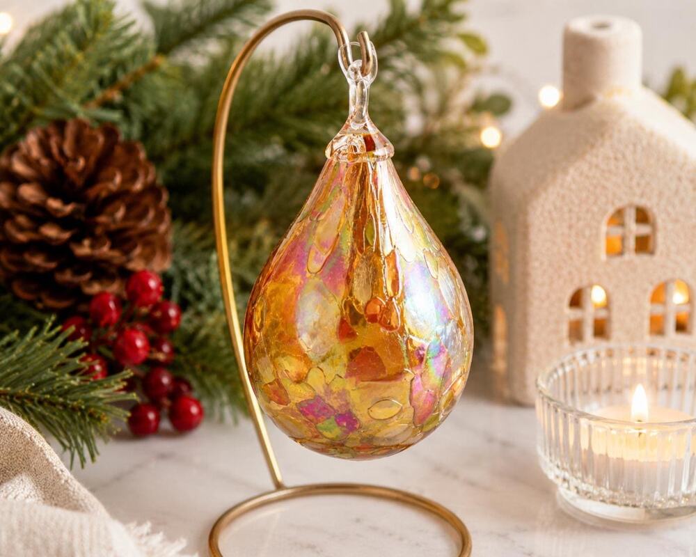 Glass Eye Studio Gold Mosaic Raindrop Ornament, Hand Blown Iridescent Art Glass